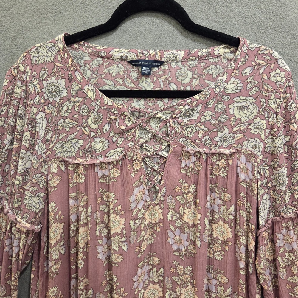 American Eagle Floral Blouse Women's Medium Boho Lace Up Tiered Bell Sleeve - Picture 4 of 15